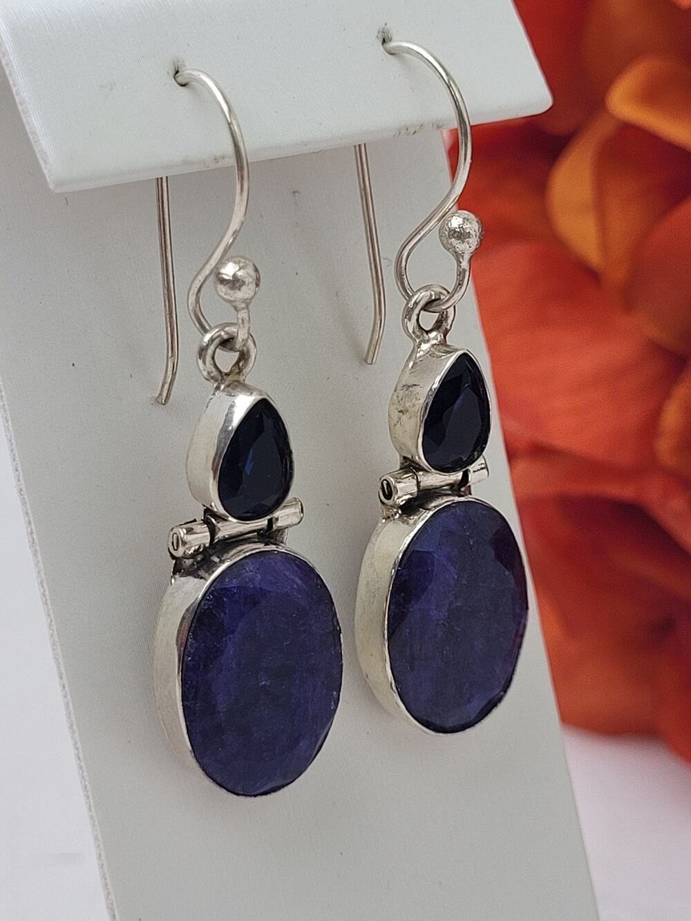 Sterling Silver Sapphire or Lapis & Navy Blue Stone Dangle Earrings 49mm Drop